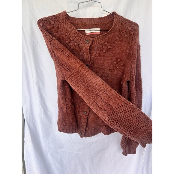 Anthropologie Pilcro Diana Cropped Cable Knit Cardigan Sweater Large Copper - Picture 6 of 12